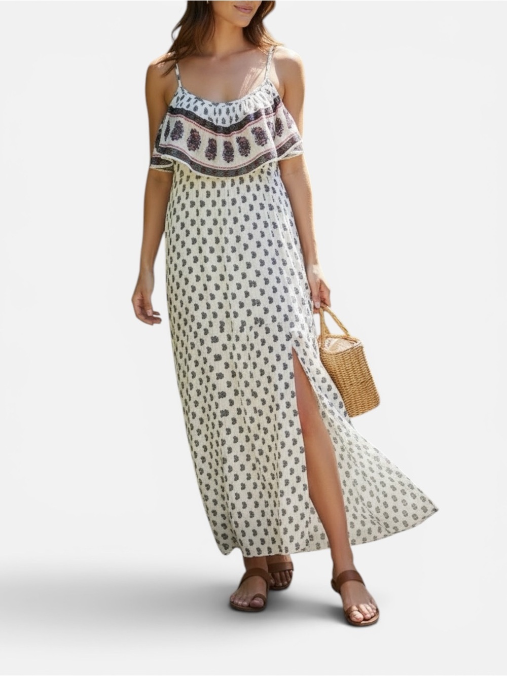 White Paisley Ruffle Maxi Dress